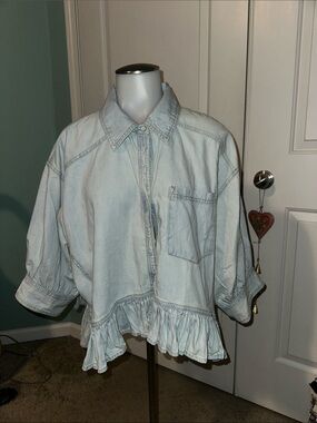Free People Light Wash Denim Ruffle Hem Button-Up Top